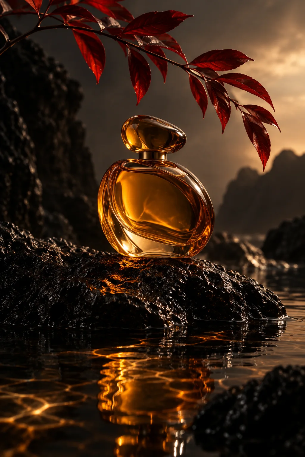 Amber perfume bottle on wet volcanic stone beneath red leaves