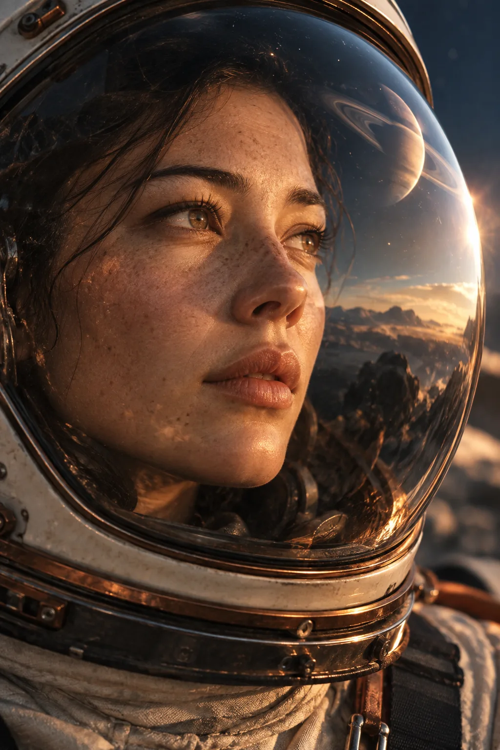 A fictional astronaut looking toward warm light through a helmet visor