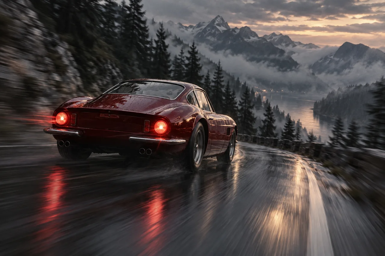 An unbranded cherry-red sports car on a wet mountain road at dusk