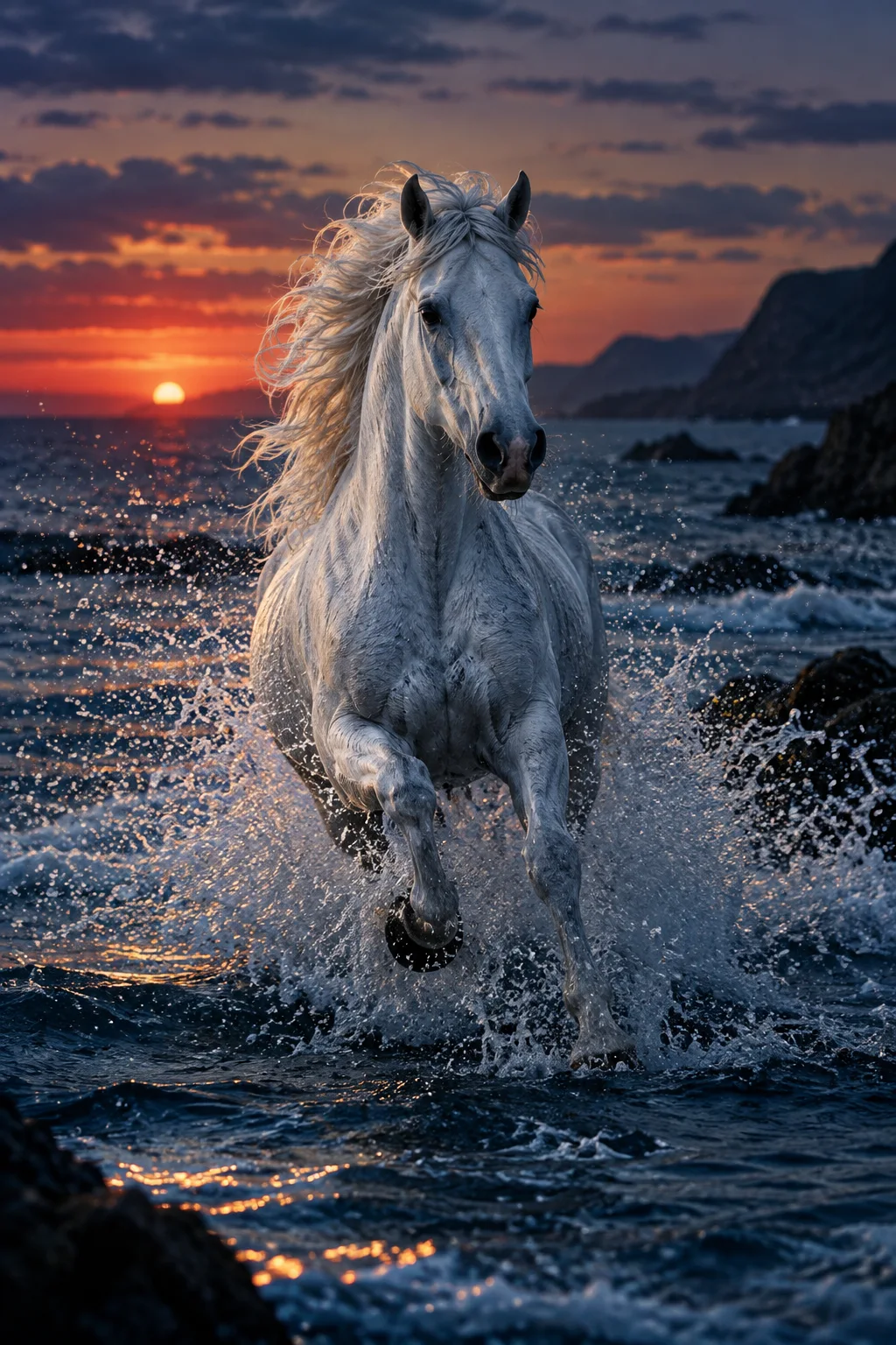 A white horse gallops through blue water at sunset