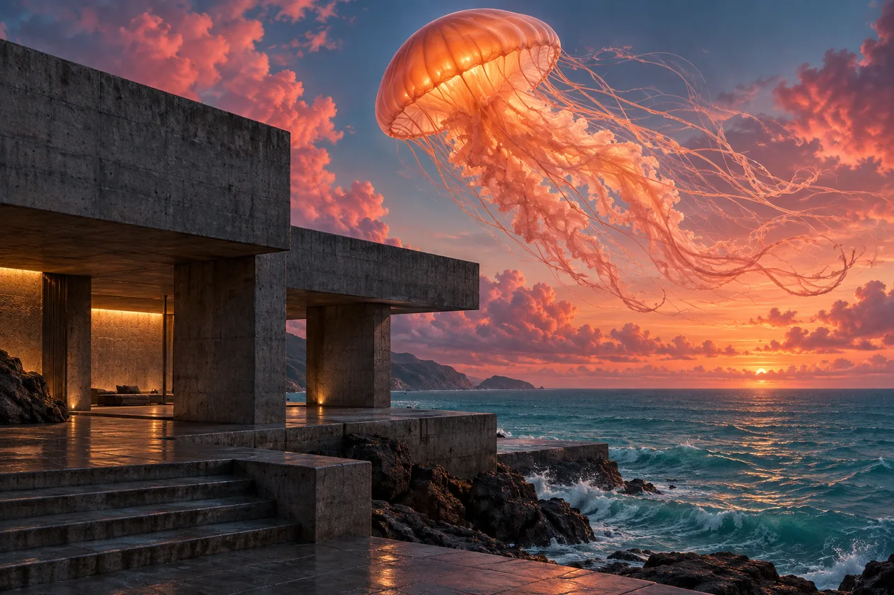 A luminous orange jellyfish floats above a coastal concrete pavilion
