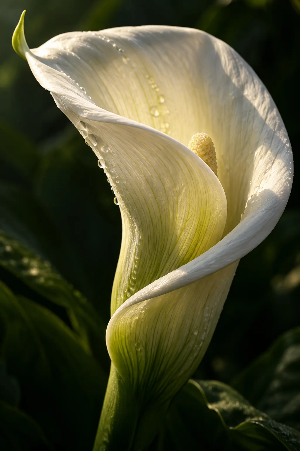 Dew on a sculptural white calla lily against dark green foliage