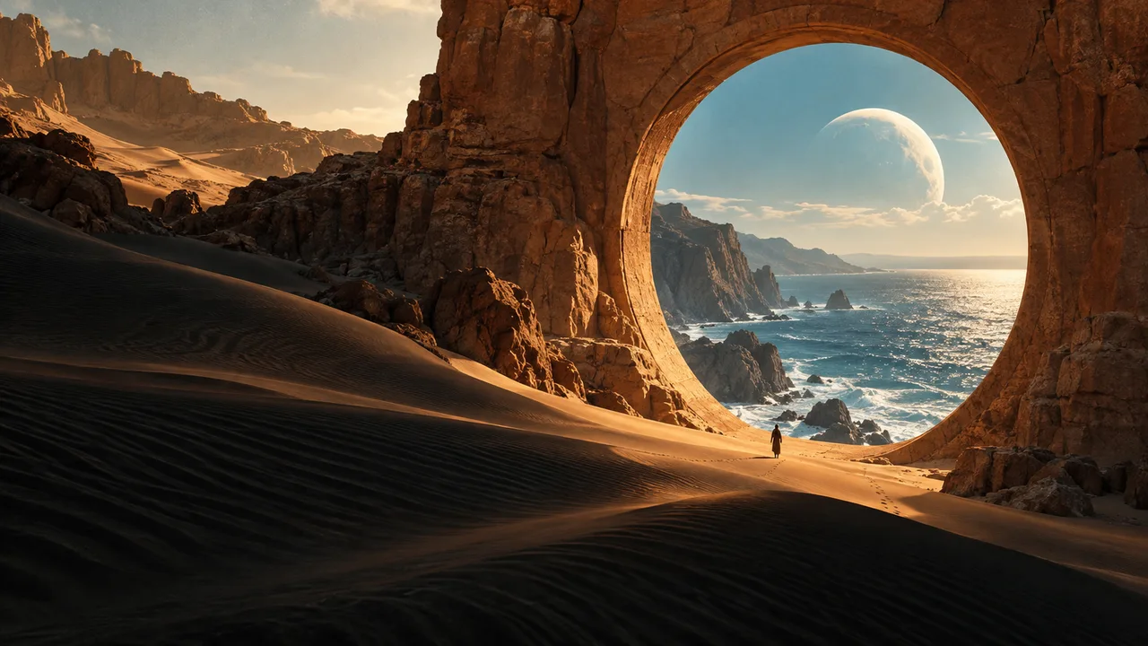 A sandstone portal opens onto a luminous ocean beneath a pale moon